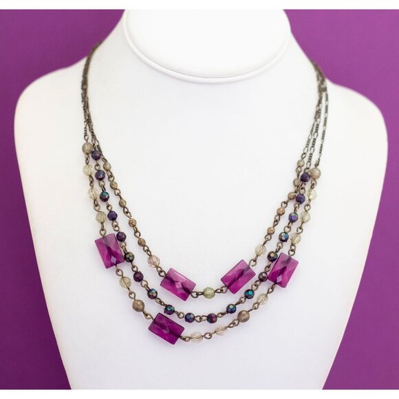 Vintage Bohemian Purple Squares Multi Strand Necklace 18 inch by Avon - V10 - Picture 1 of 3